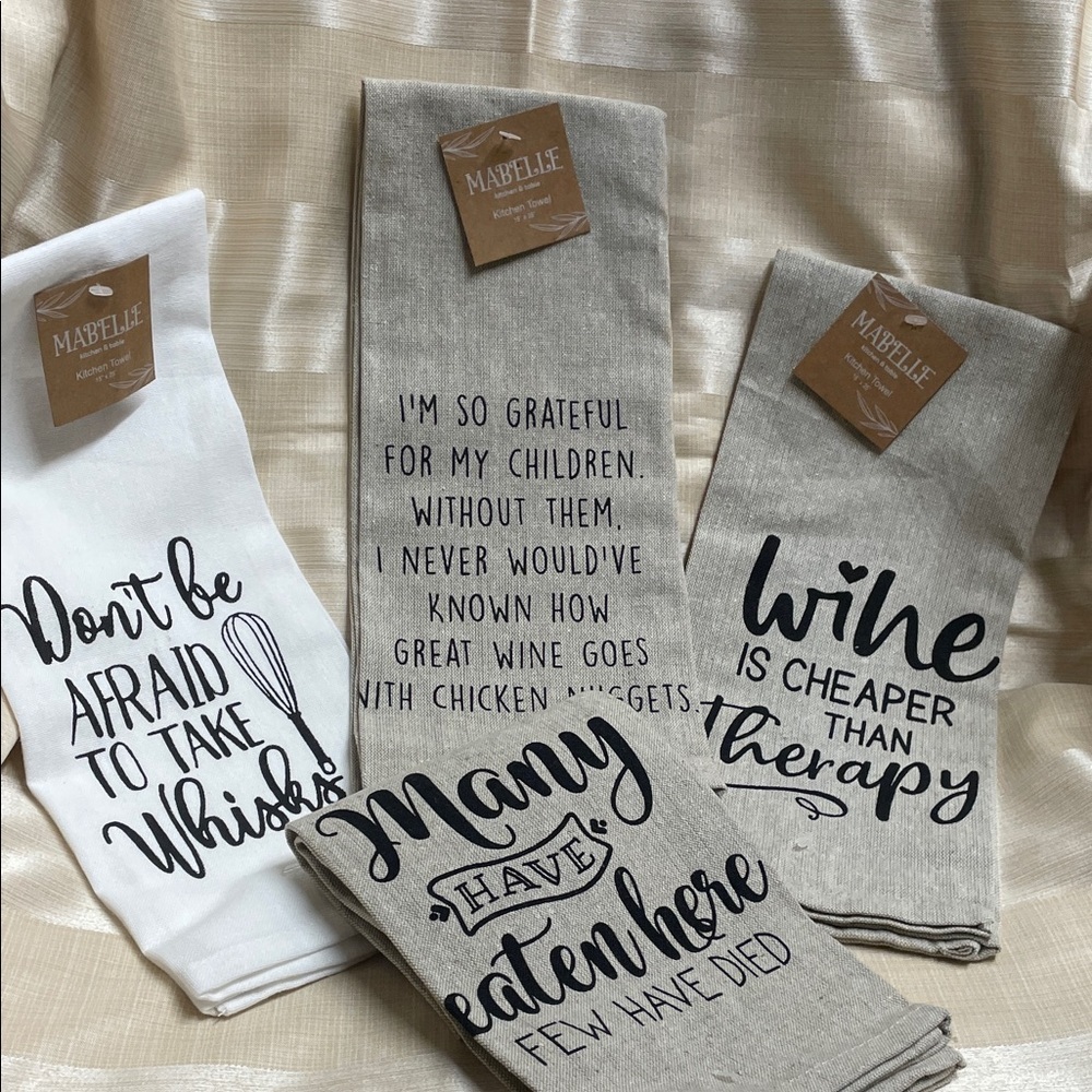 Inspirational Kitchen Towel Set - White and Tan Set of Four